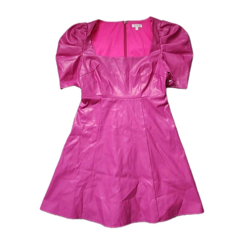 TCEC Hot Pink Pleather Mini Dress Womens S Puff Sleeve Square Neck Lined Zip EUC